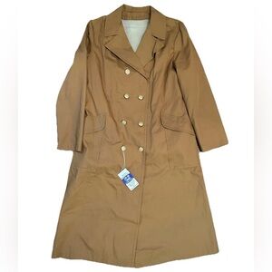 RARE Vintage Long Brown Military Trench Coat with Zip-In Lining Gold 8 Buttons